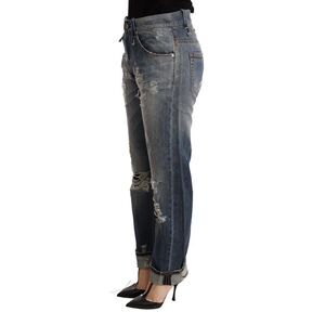 Acht Blue Tattered Mid Waist Straight Denim Women's Trouser